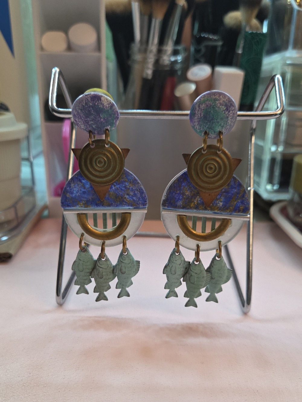 Geometric Mixed-Media Dangle Earrings with Fish Charms - Blue, Green, Brass